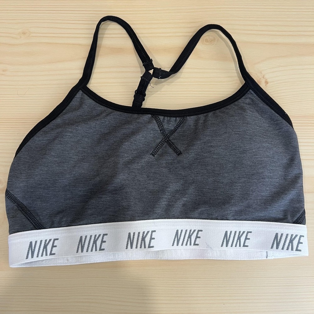 Nike Sports Bra Womens Medium Gray Dri-FIT Strappy Adjustable Logo Band Gym Yoga